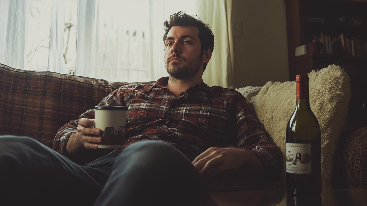 A Man Sitting on His Couch with a Cup in His Hand and a Bottle of Wine by His Side