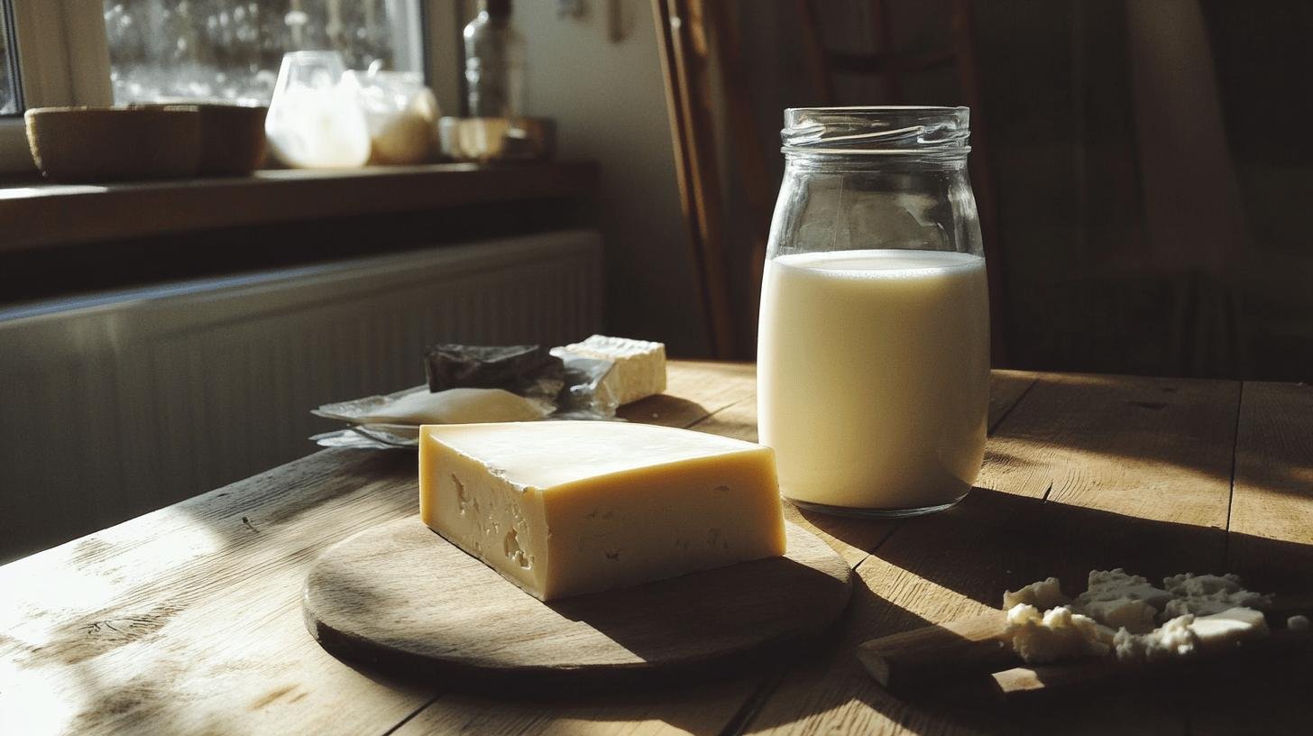 Picture Showing a Jar of Milk and a Block of Cheese