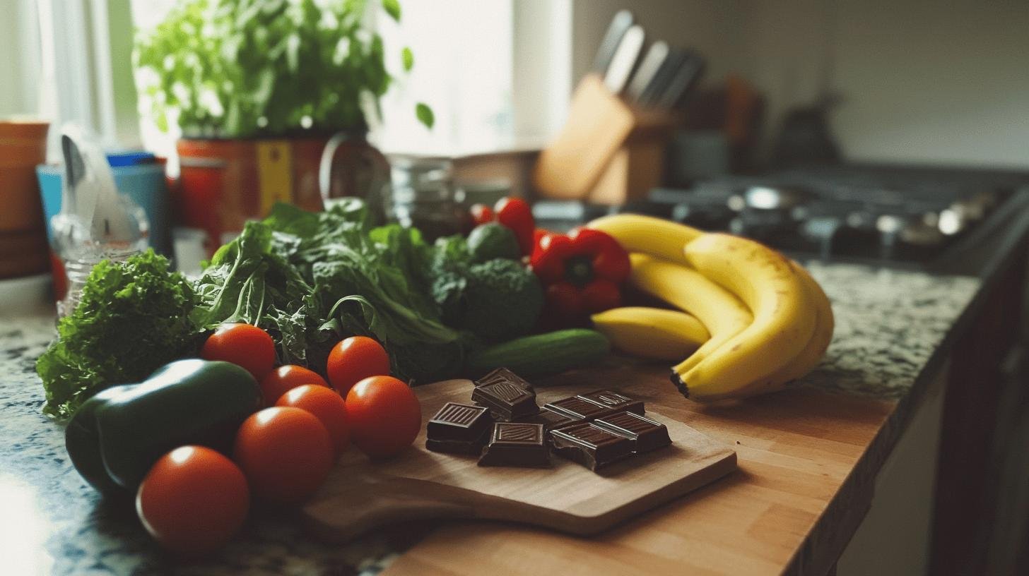 A Table Full of Veggies and Bars of Dark Chocolate-How to Quickly Lower Blood Pressure in Minutes-1.jpg