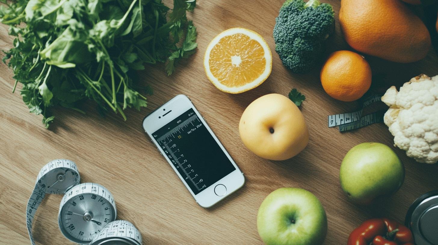 Picture Showing Fruits, Veggies, a Measurement Tape and a Phone-Obesity Dietary Management
