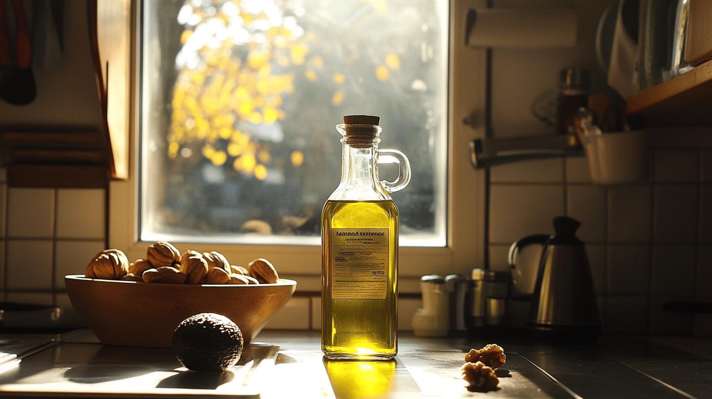 A Bottle of Oil and a Bowl of Nuts on a Kitchen Surface-Heart-Healthy Cooking Oils-3.jpg