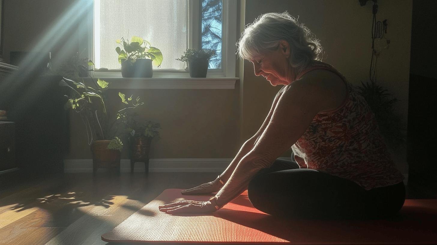 An Aged Woman Sitting with Legs Crossed and Arms Stretched Out on a Mat