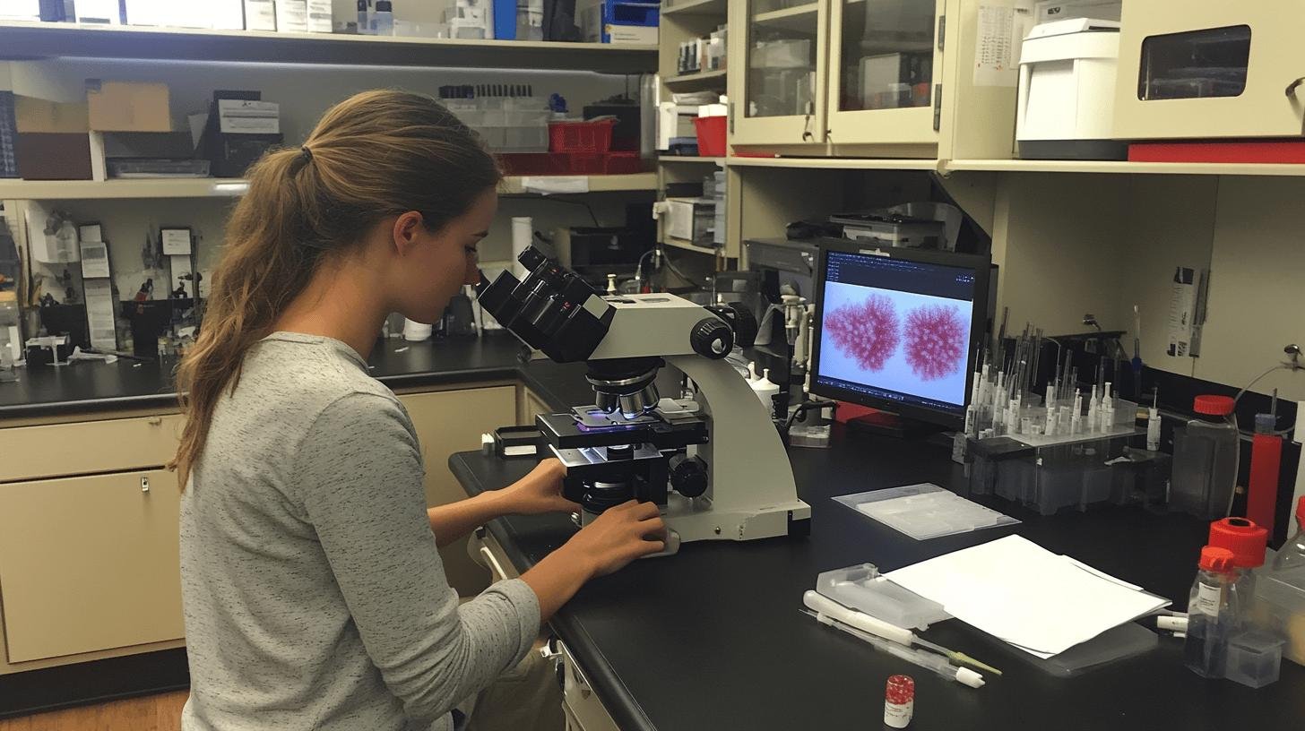 A Lady Examining an Object Under a Microscope