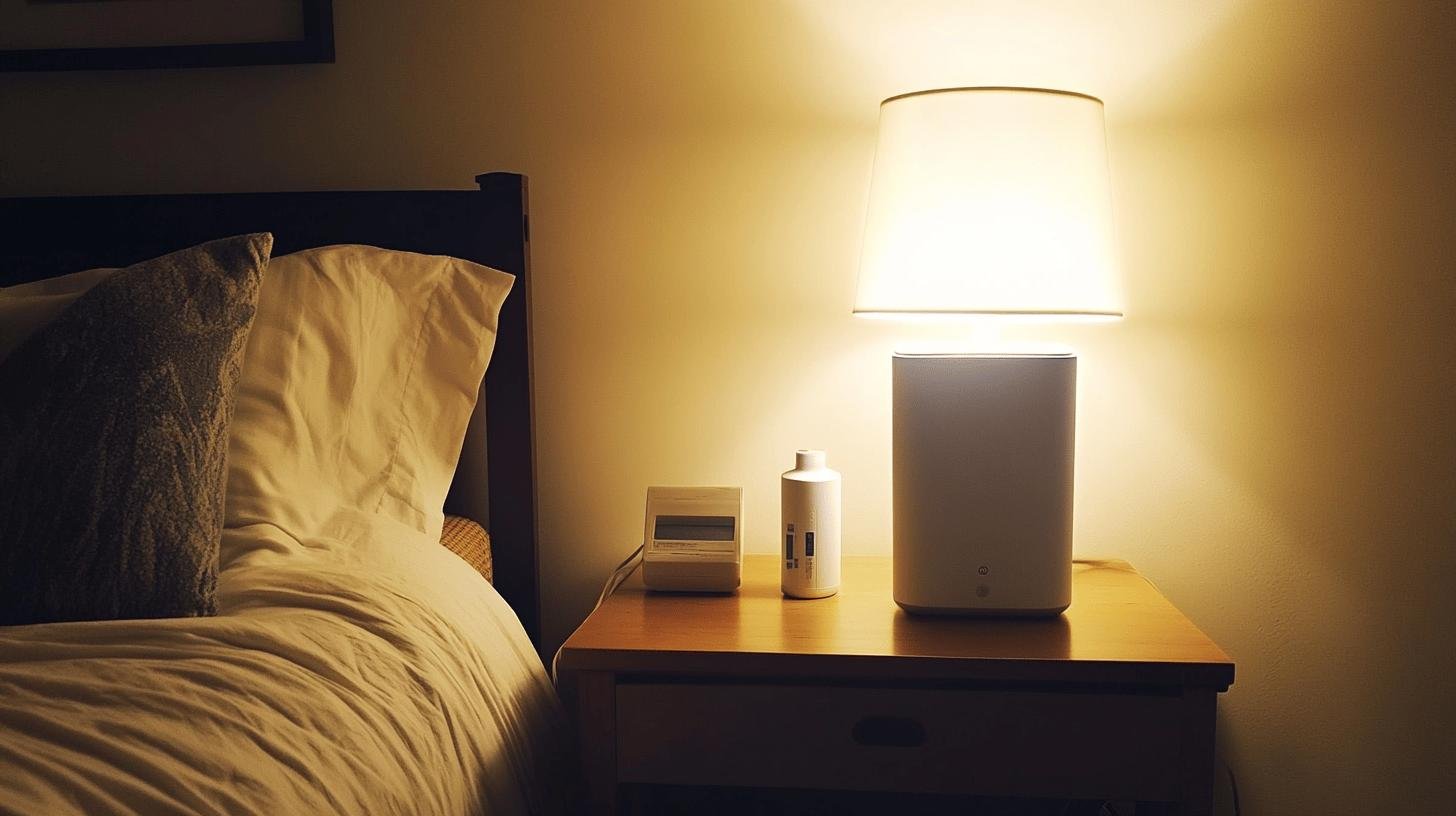 Picture Shows a Bedside Table with a Side Lamp, an Alarm Clock and a Bottle of Medication on it-Managing Asthma Attacks at Night Tips and Strategies-2.jpg