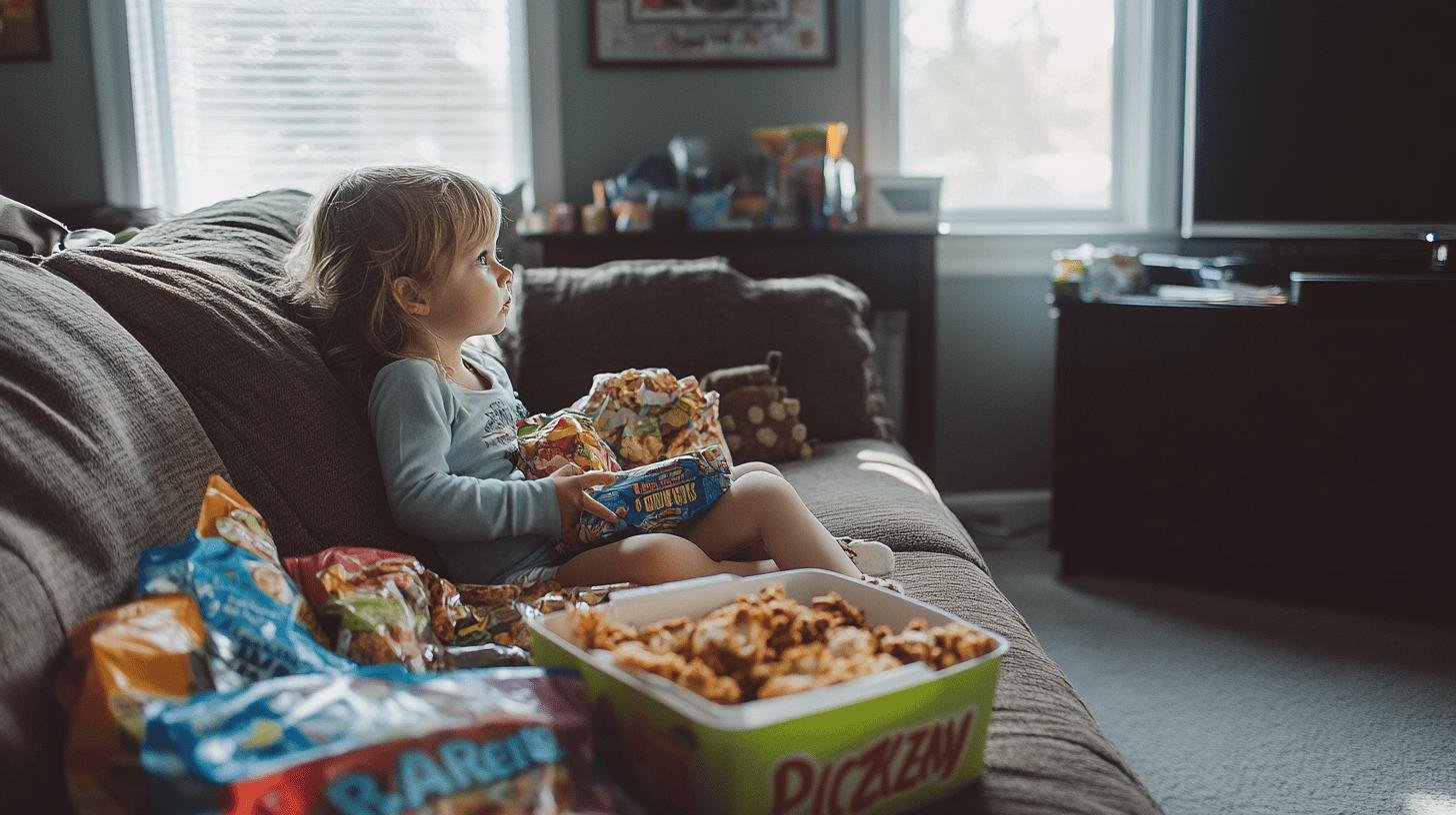 A Baby Girl Sitting on a Couch with Snacks
