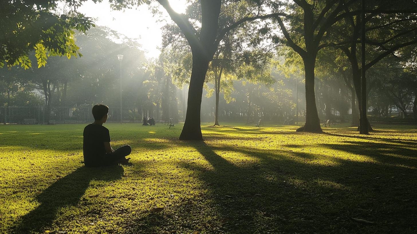 A Young Man Sitting on the Grass in a Park