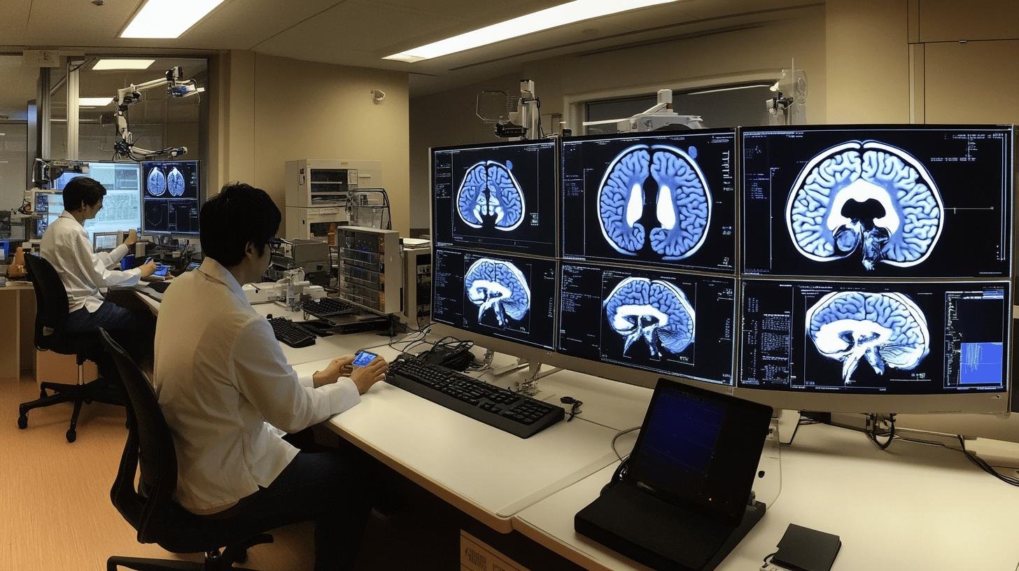 Two Doctors Looking at Brain Xray Results on their Computers 