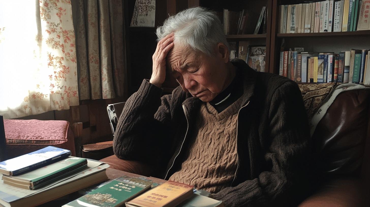 An Elderly Man with His Hand on His Head and His Eyes Closed