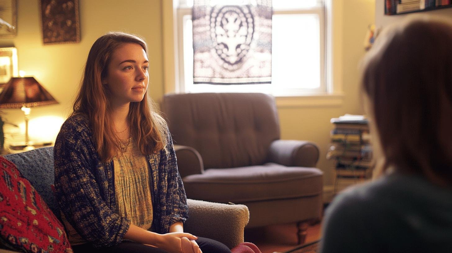 A Lady Sitting Quietly While Being Interrogated by Her Therapist