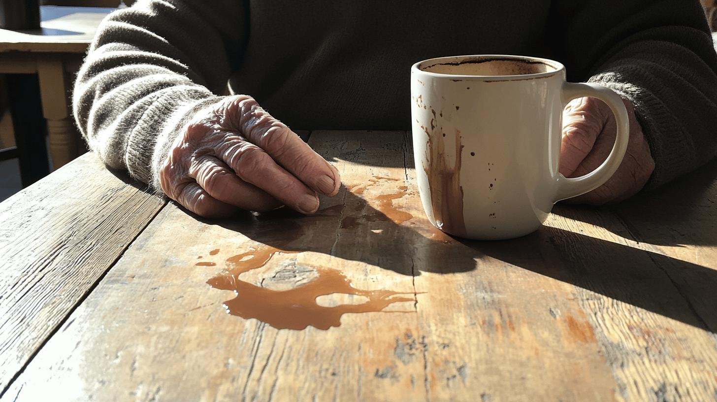An Elderly Person's hand on the Table with Spilled Coffee and a Cup-Neurological Disorders with Tremors