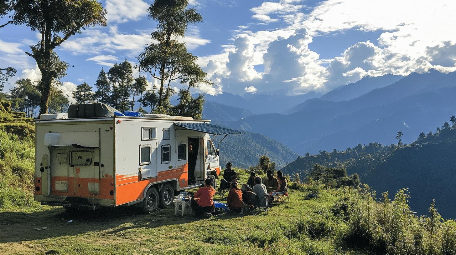 People Gathered Outside their Camp Van