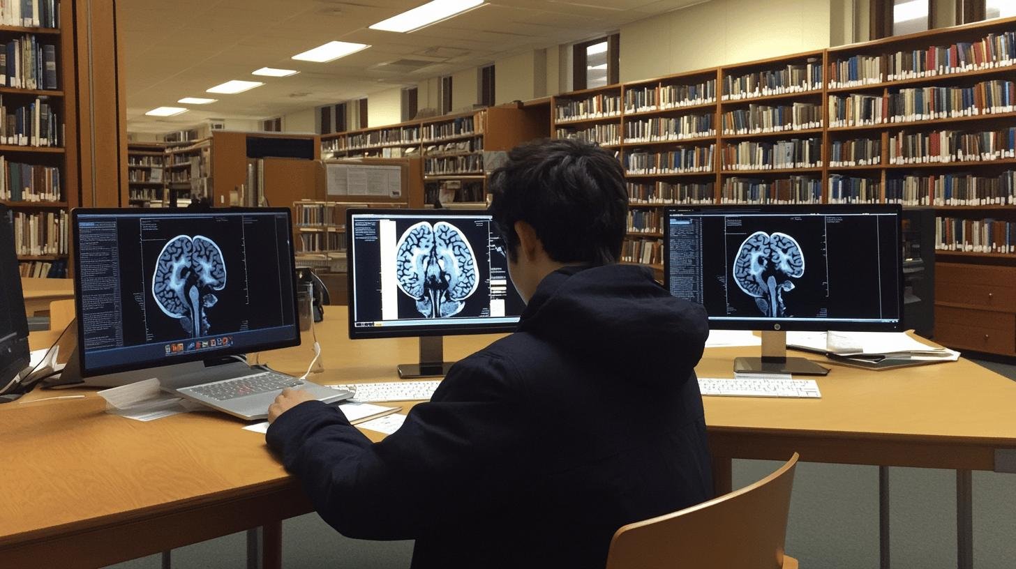 A Student Looking at Various Brain Xray Results on a Computer-Neurological Diseases and Disorders