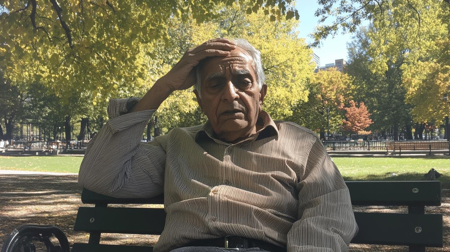 An Elderly Man Sitting in a Park with His Hand on His Head-Neurological Diseases Affecting Balance